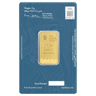 מטיל זהב 20 גרם בריטניה במארז ביטחון (אריזה חדשה) - צד אחורי