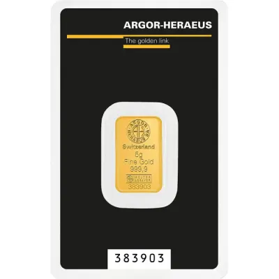 מטיל זהב 5 גרם הולוגרמה Argor-Heraeus במארז ביטחון