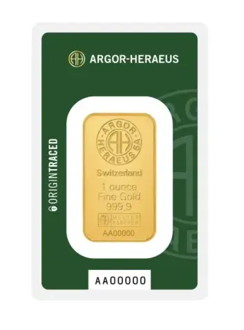 מטיל זהב 1 אונקיה Argor-Heraeus במארז ביטחון (Origin Traced)